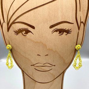 Summer Spritz Filigree Dangle Earrings, Vintage Bright Yellow Enamel Drop Clip
